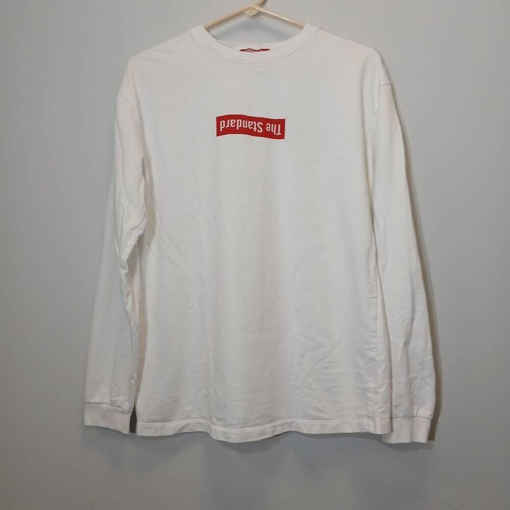 The standard mens small white red logo longsleeve crewneck tshirt